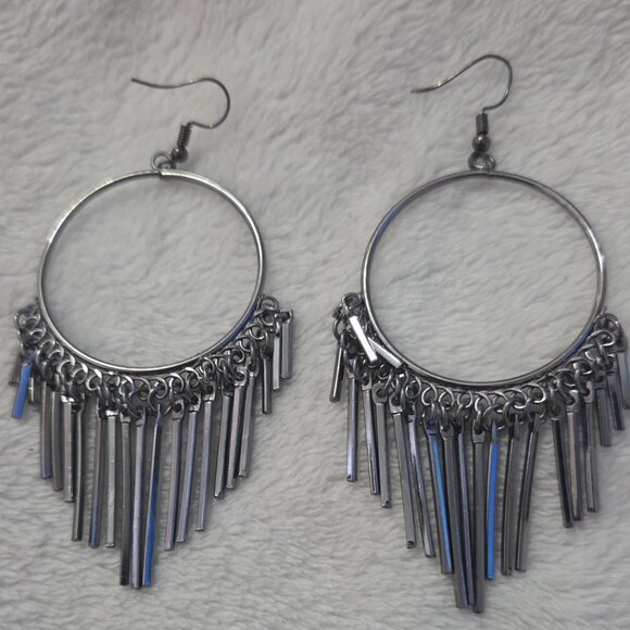 Silver Hoop Earrings with Fringe - Picture 1 of 1